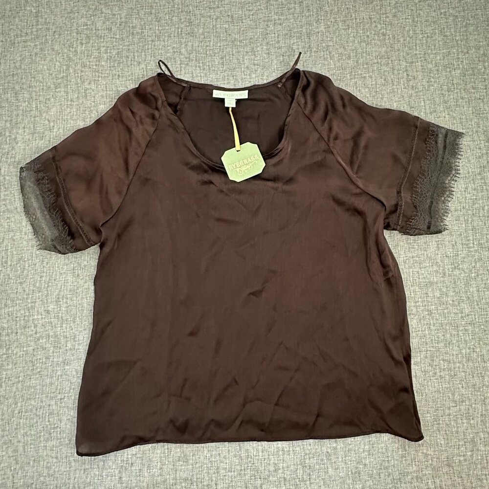 NEW Ryegrass Silky Top Brown Lace Sleeves Round Neck $60 Small Blouse Semi-sheer